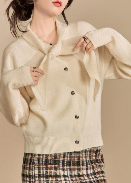 Beige Bow Button Knit Sweaters Winter