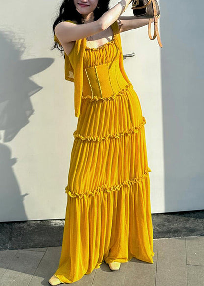 New Yellow Ruffled Cotton Spaghetti Strap Dress Sleeveless