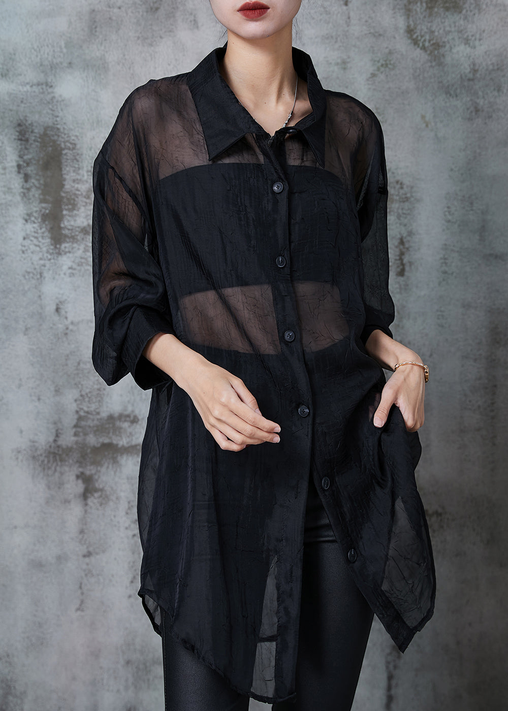 Black Oversized Back Hollow Out Tulle Long Shirts Summer