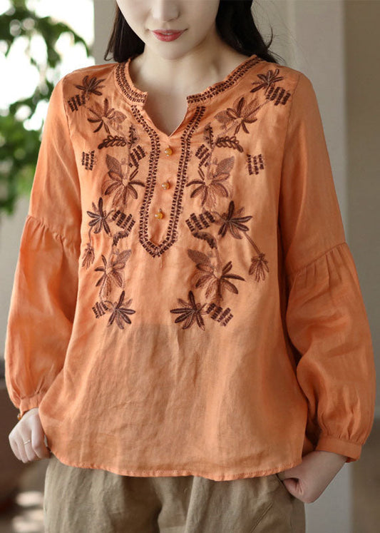 Orange Embroidered Wrinkled Patchwork Linen T Shirt Spring