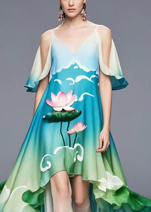 Cold Shoulder Lotus Print Chiffon Long Dress Summer