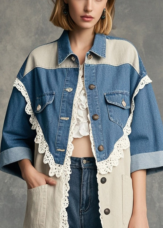 Modern Colorblock Oversized Lace Patchwork Denim Coat Half Sleeve