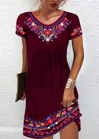 Purple O Neck Print Cotton Mid Dress Summer