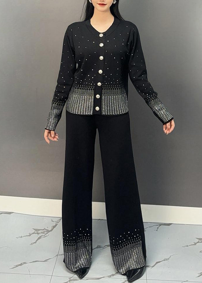 Classy Black V Neck Dot Print Knit Top and Wide Leg Pants Two Pieces Set Winter