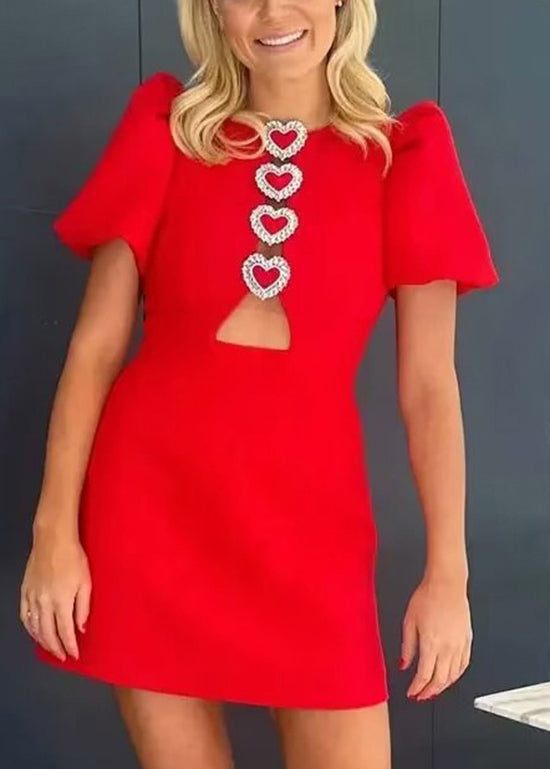 New Red O Neck Heart Decorated Cotton Short Dresses Summer