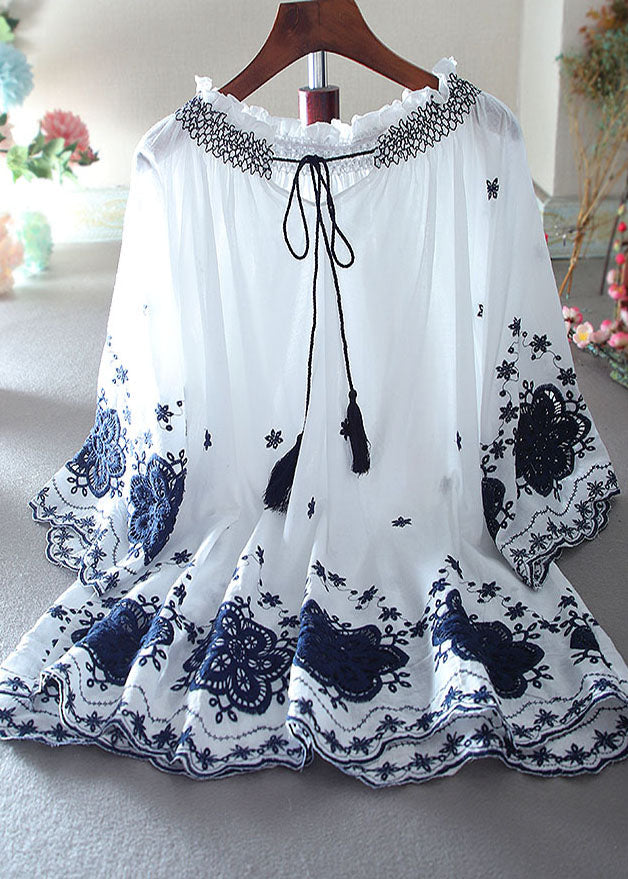 Fitted White Embroidered Cotton a Line Tops Summer