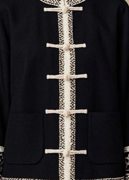 Italian Black O-neck Button Patchwork Cotton Coat Fall