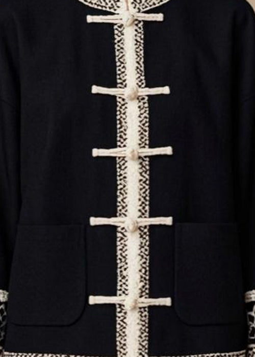 Italian Black O-neck Button Patchwork Cotton Coat Fall