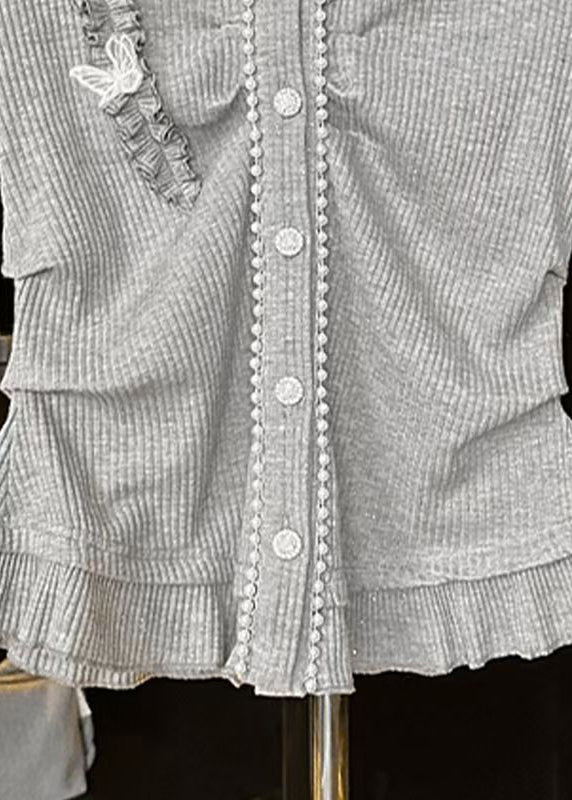 Grey V Neck Ruffled Butterfly Cotton T Shirts Spring
