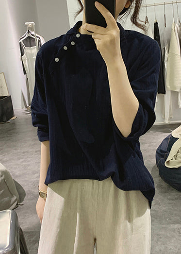 Fine Navy Asymmetrical Stand Collar Cotton Shirts Spring