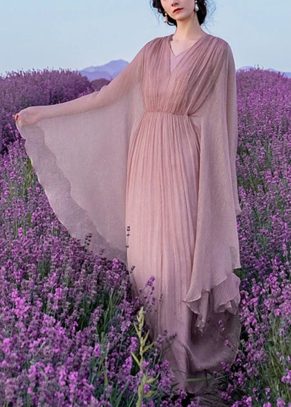 Pink Wrinkled Silk Long Dress Batwing Sleeve