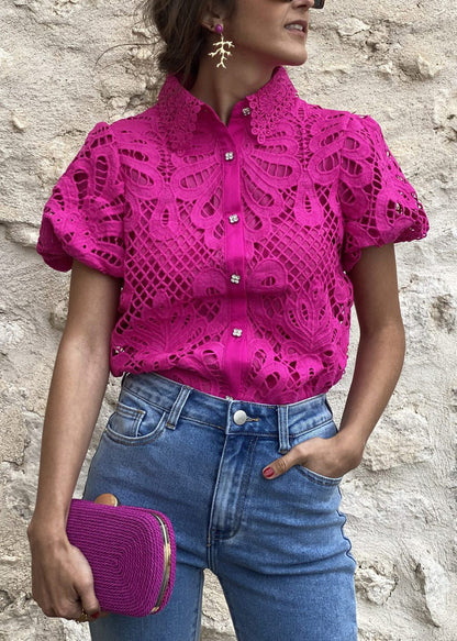 White Peter Pan Collar Hollow Out Lace Blouse Top Summer