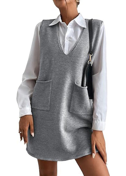 Simple Pink V Neck Pockets Knit Vest Dress Sleeveless
