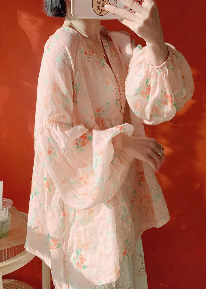 Pink Button Print Cotton Blouse Lantern Sleeve