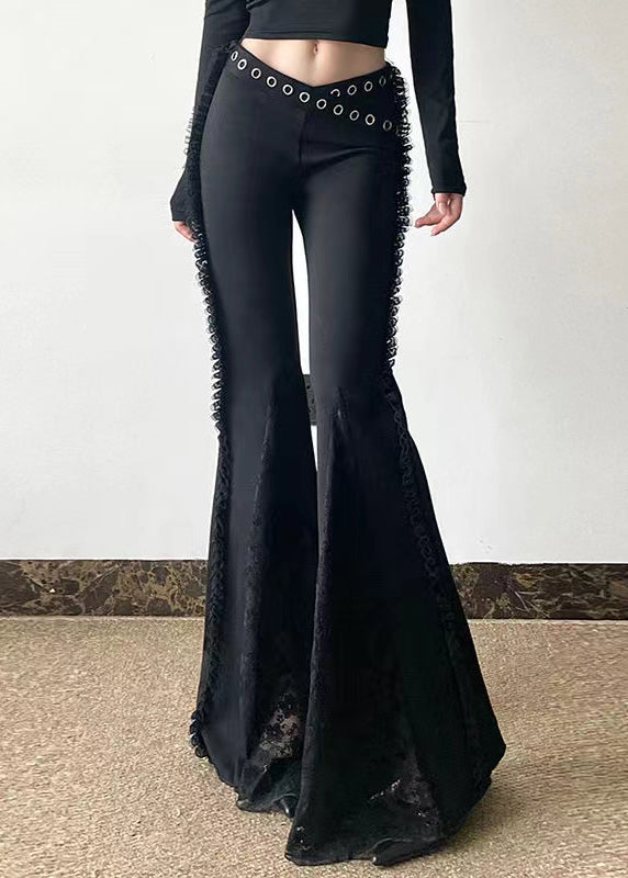 Black Eyelash Patchwork Lace Bell-bottom Trousers Pants Spring