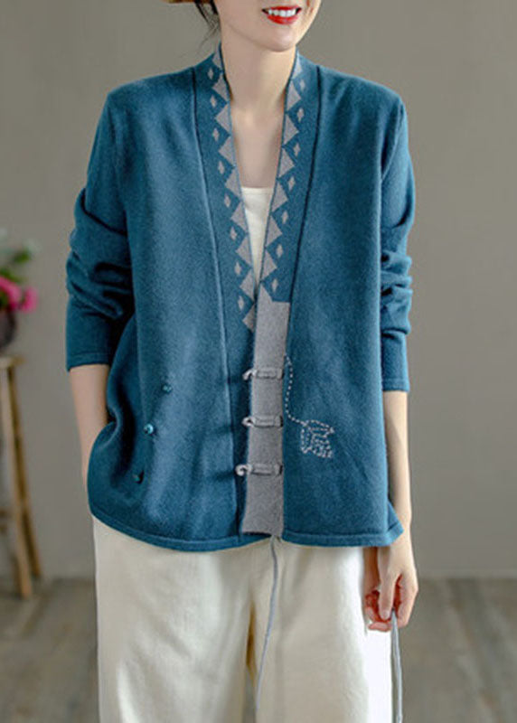 Art Beige V Neck Embroidered Asymmetrical Design Patchwork Fall Knit Sweaters