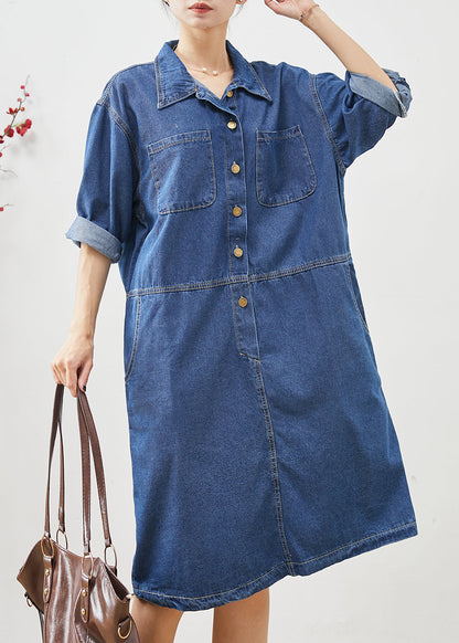 Denim Blue Oversized Patchwork Cotton Mid Dress Fall