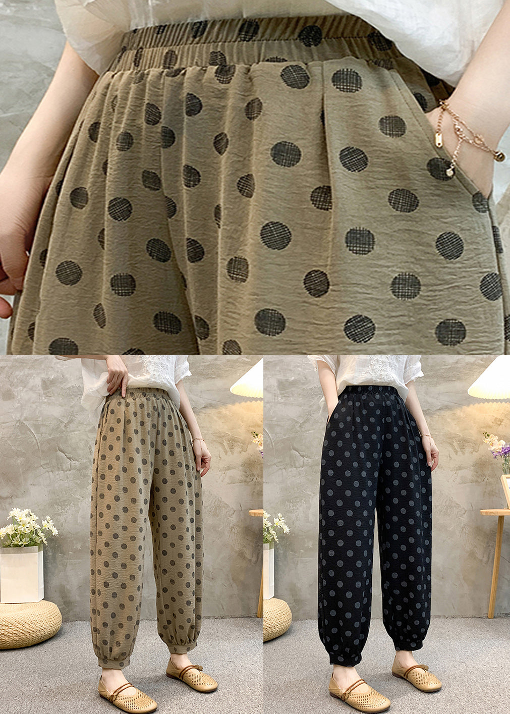 Black Print High Waist Cotton Summer Crop Pants