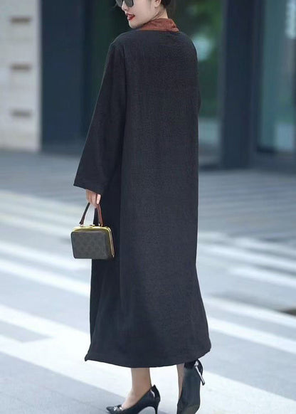 Black V Neck Chinese Button Pockets Cotton Dresses Fall