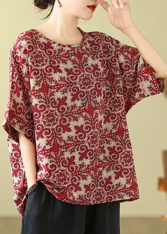 Red O Neck Print Cotton Blouse Top Summer