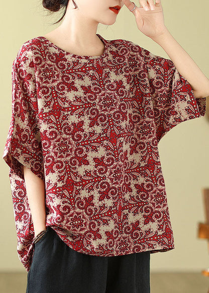 Red O Neck Print Cotton Blouse Top Summer