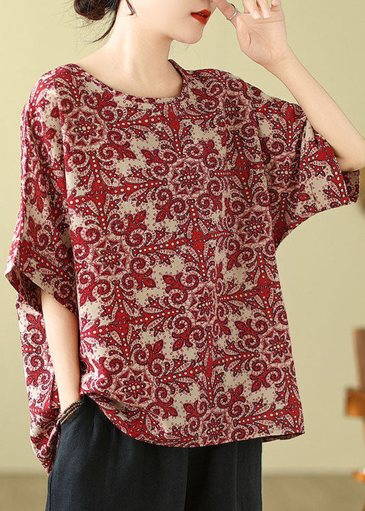 Red O Neck Print Cotton Blouse Top Summer