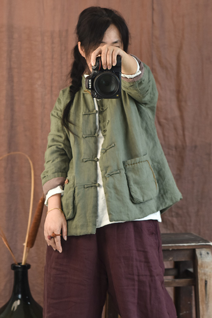 Diy Retro Buckle Cotton Linen Coat Ramie Short Cotton Coat