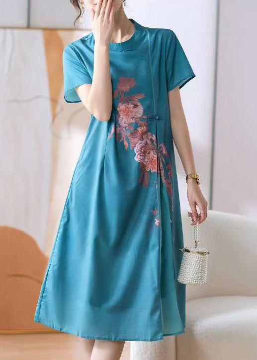 New Blue O-neck Print Button Cotton Dress Summer