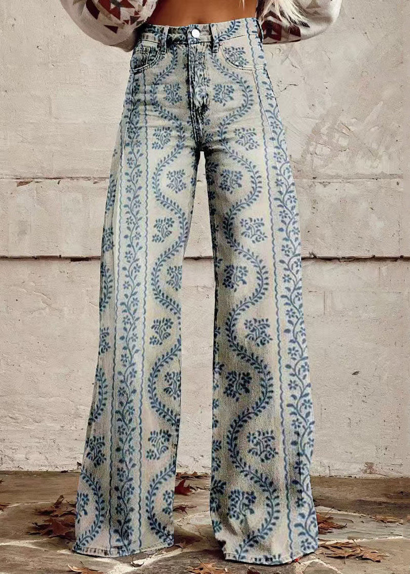 Blue Print Pockets Denim Wide Leg Pants Spring