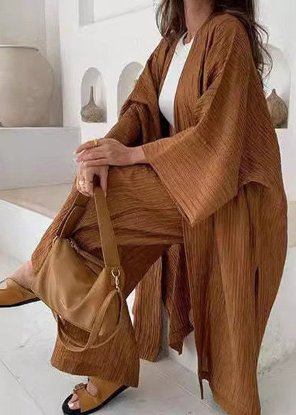 Style Brown Cardigans and Trousers Cotton Two Pieces Set Fall