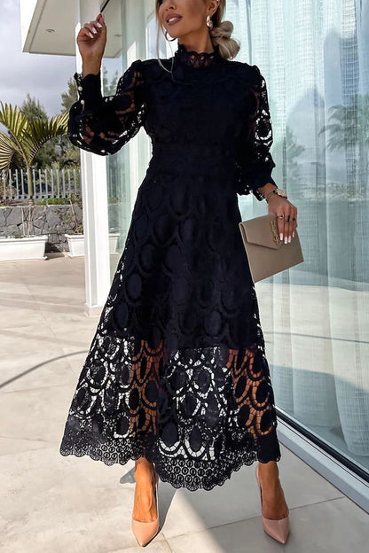 Romantic, Sensual and Crochet Lace Lantern Sleeve Party Midi Dress