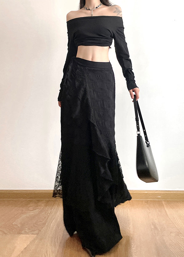 Black Asymmetrical Patchwork Cotton Skirts Fall