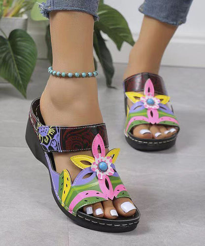 Peacock Blue Hollow Out Splicing Wedge Slide Sandals