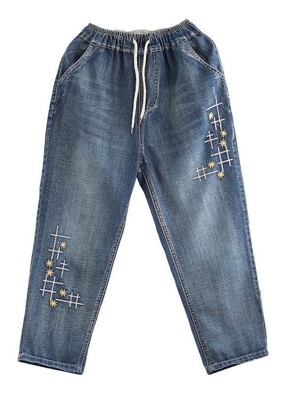 Denim Blue Elastic Waist Embroidered Cotton Crop Pants Spring