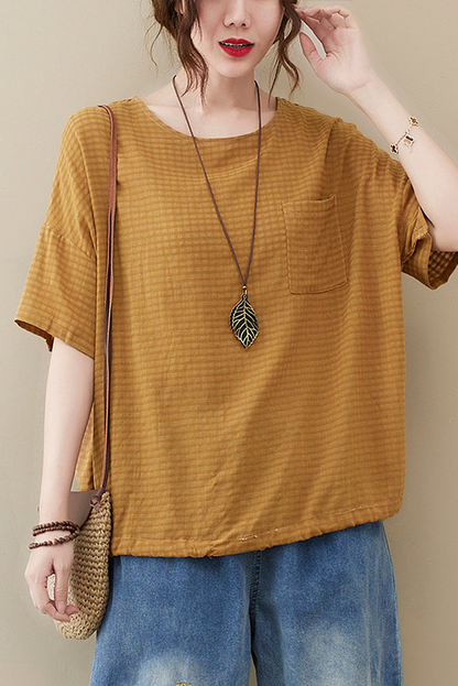 Summer Plaid Short Sleeve T-shirt Cotton Striped Tops