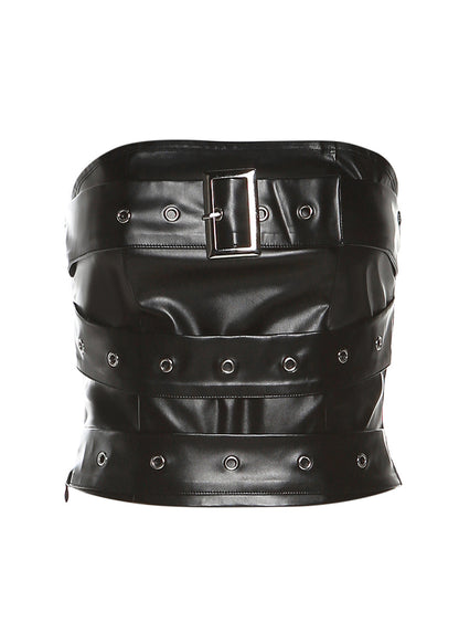 Black Backless Faux Leather Short Strapless Top