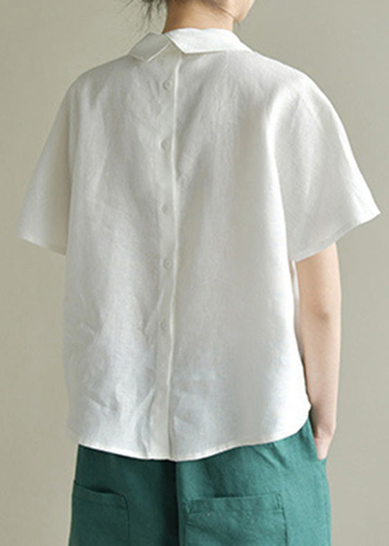 Simple White-flower Peter Pan Collar Linen Shirt Summer