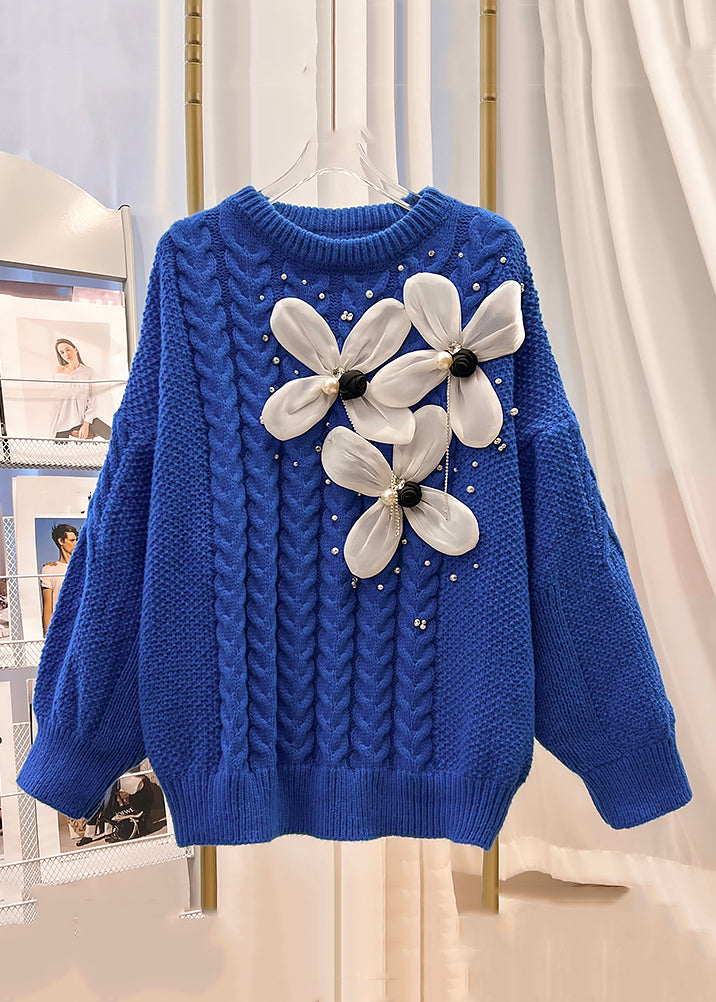 Blue O Neck Nail Bead Knit Sweater Winter