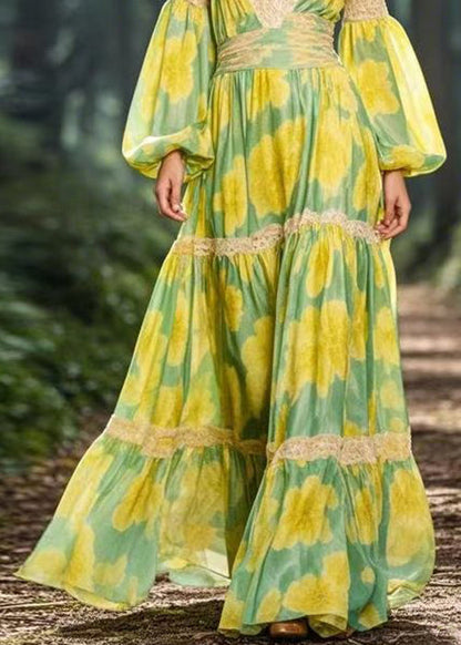 Yellow V Neck Print Patchwork Chiffon Maxi Dress Spring