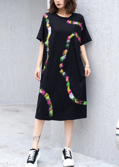 Black O Neck Print Nail Bead Cotton Dress Summer