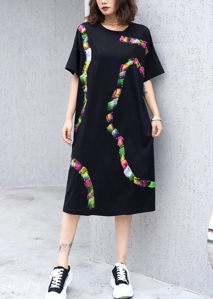 Black O Neck Print Nail Bead Cotton Dress Summer