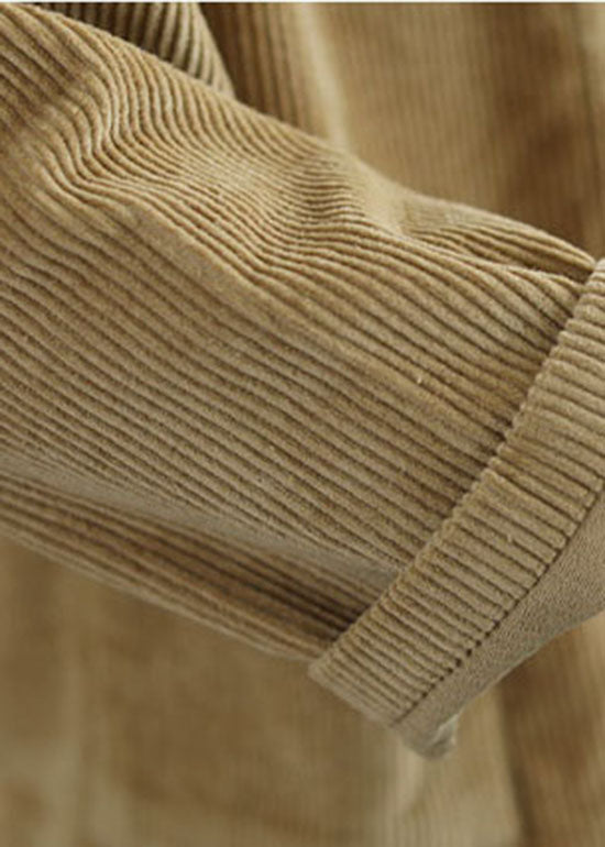 Khaki V Neck Pockets Button Corduroy Coats Long Sleeve