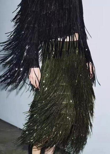 Modern Green Tassel Polyester Sequins Skirt Spring