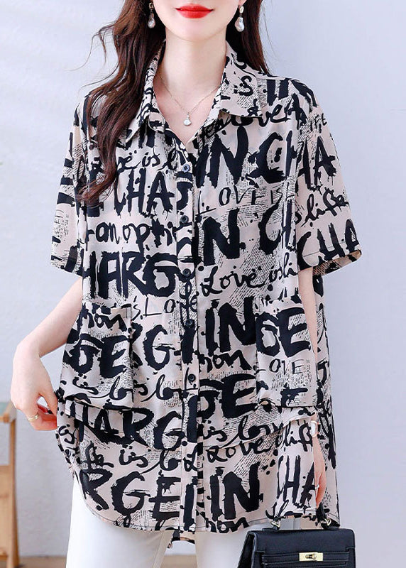Khaki Oversized Letter Print Chiffon Shirt Tops Summer