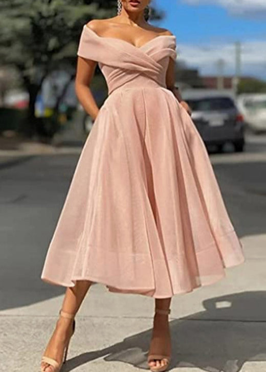 Classy Pink Cold Shoulder Wrinkled Tulle Dresses Summer