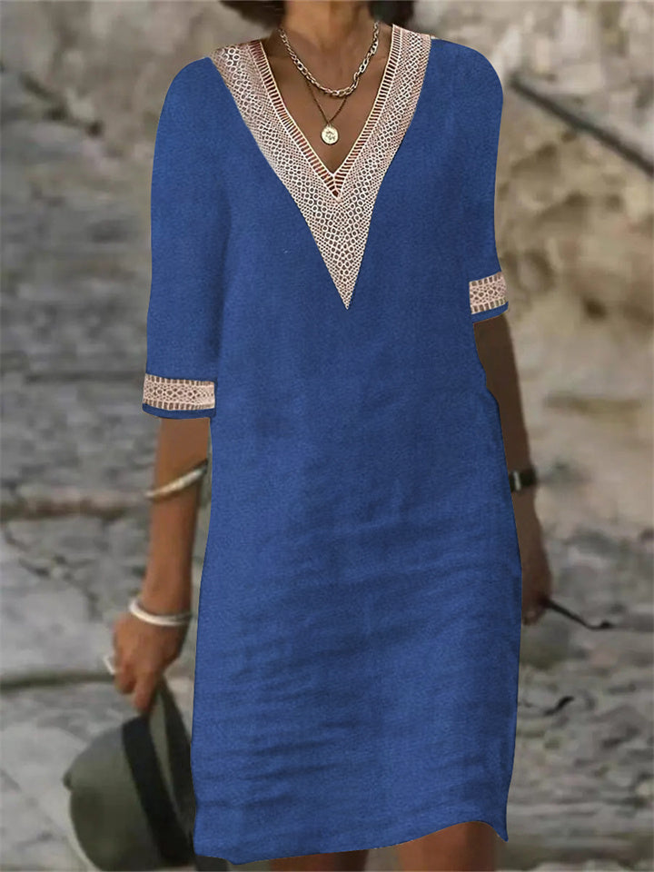 Colour V-neck Lace Trimmed Mid-sleeved Cotton and Linen Dress