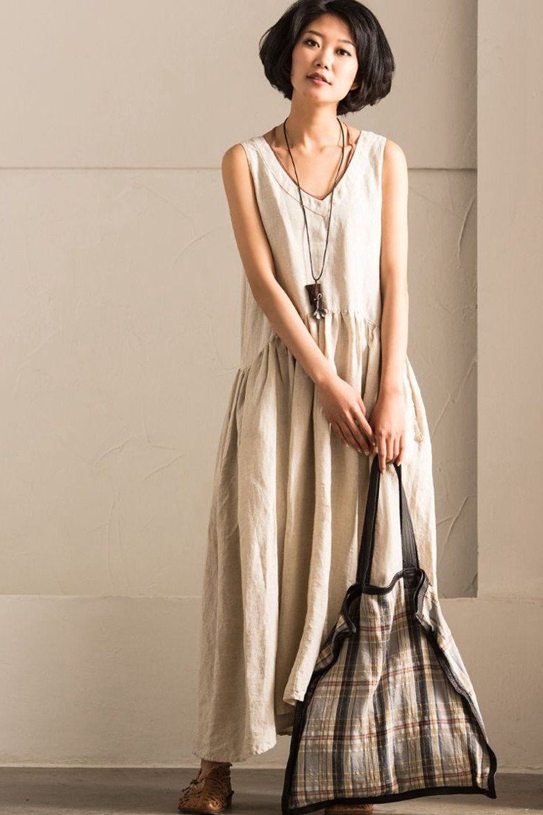 V-neck Cotton Linen Organic Sleeveless Long Dress Summer Outfits