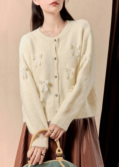 White Button Bow Patchwork Cotton Knit Sweaters Winter