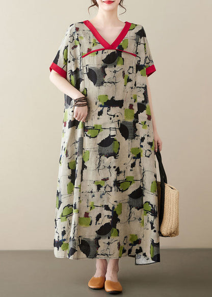 Green V Neck Print Patchwork Linen Long Dresses Summer