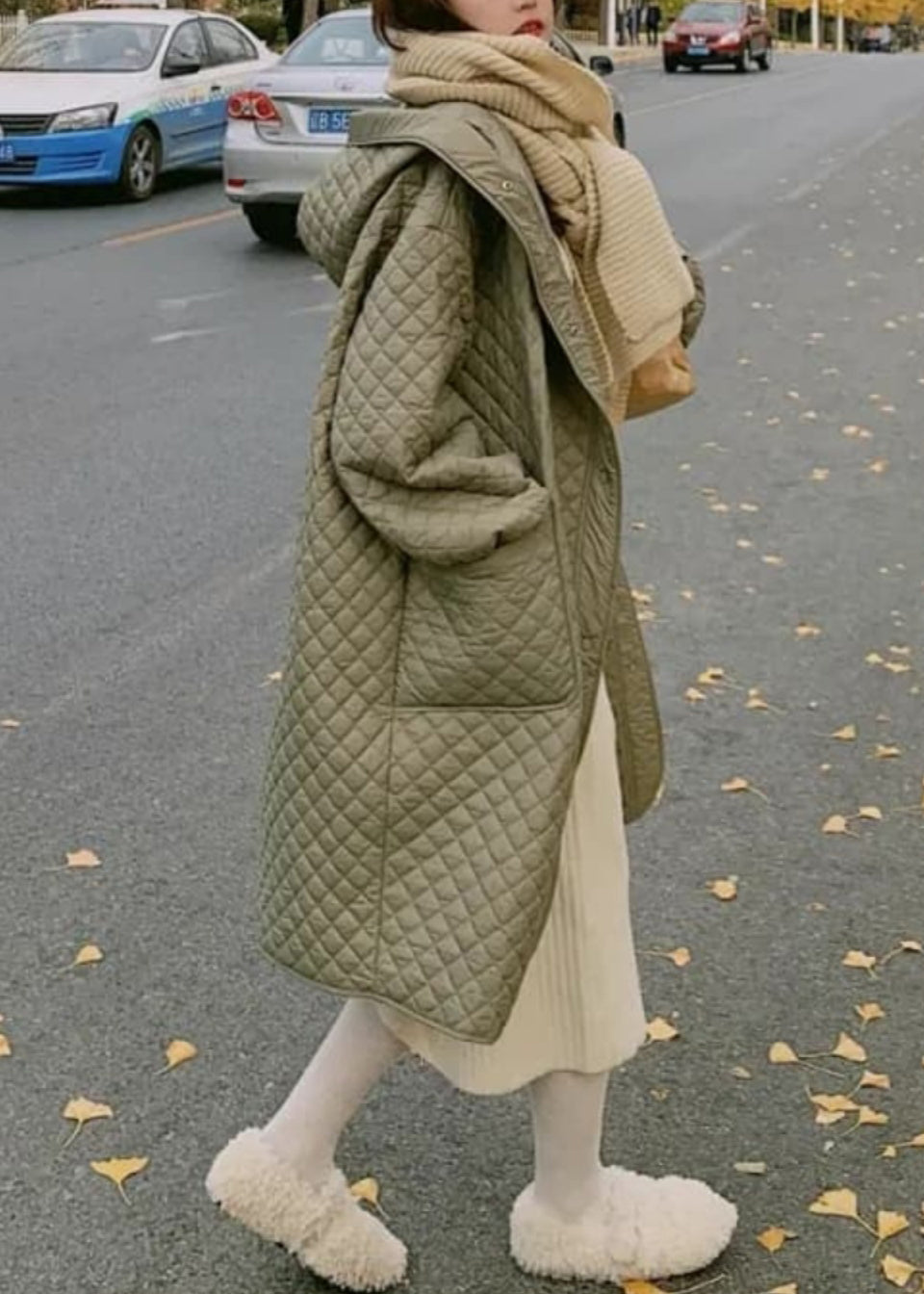 Green Hooded Pockets Fine Cotton Filled Coat Spring
